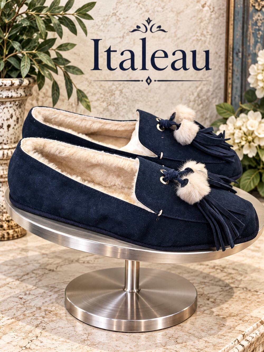 Italeau Navy Suede Fur Lined Tassel Loafers EU 37.5 US 7
